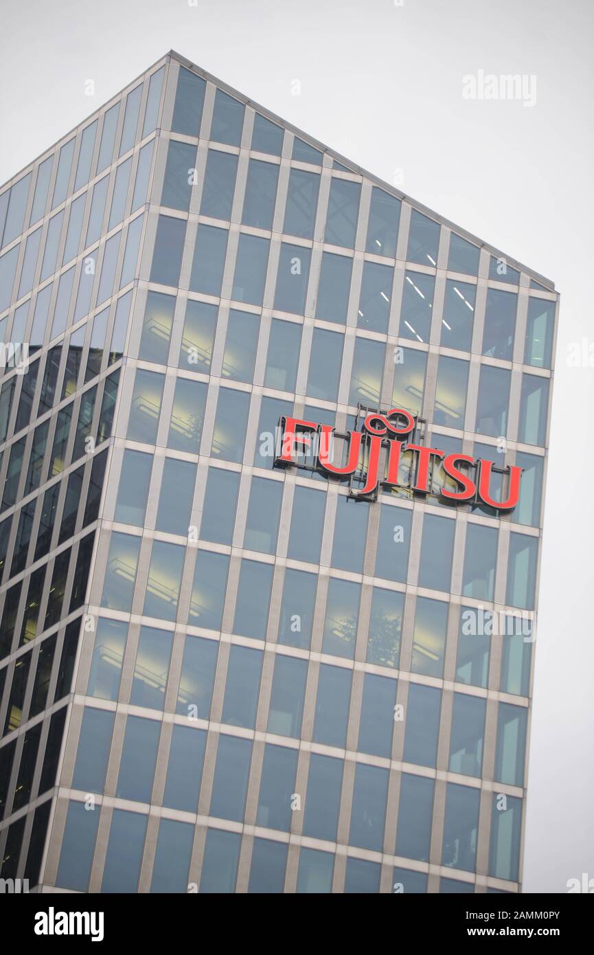 Lettering of the main tenant 'Fujitsu' on the 'Highlight Towers' office tower in Parkstadt Schwabing. [automated translation] Stock Photo