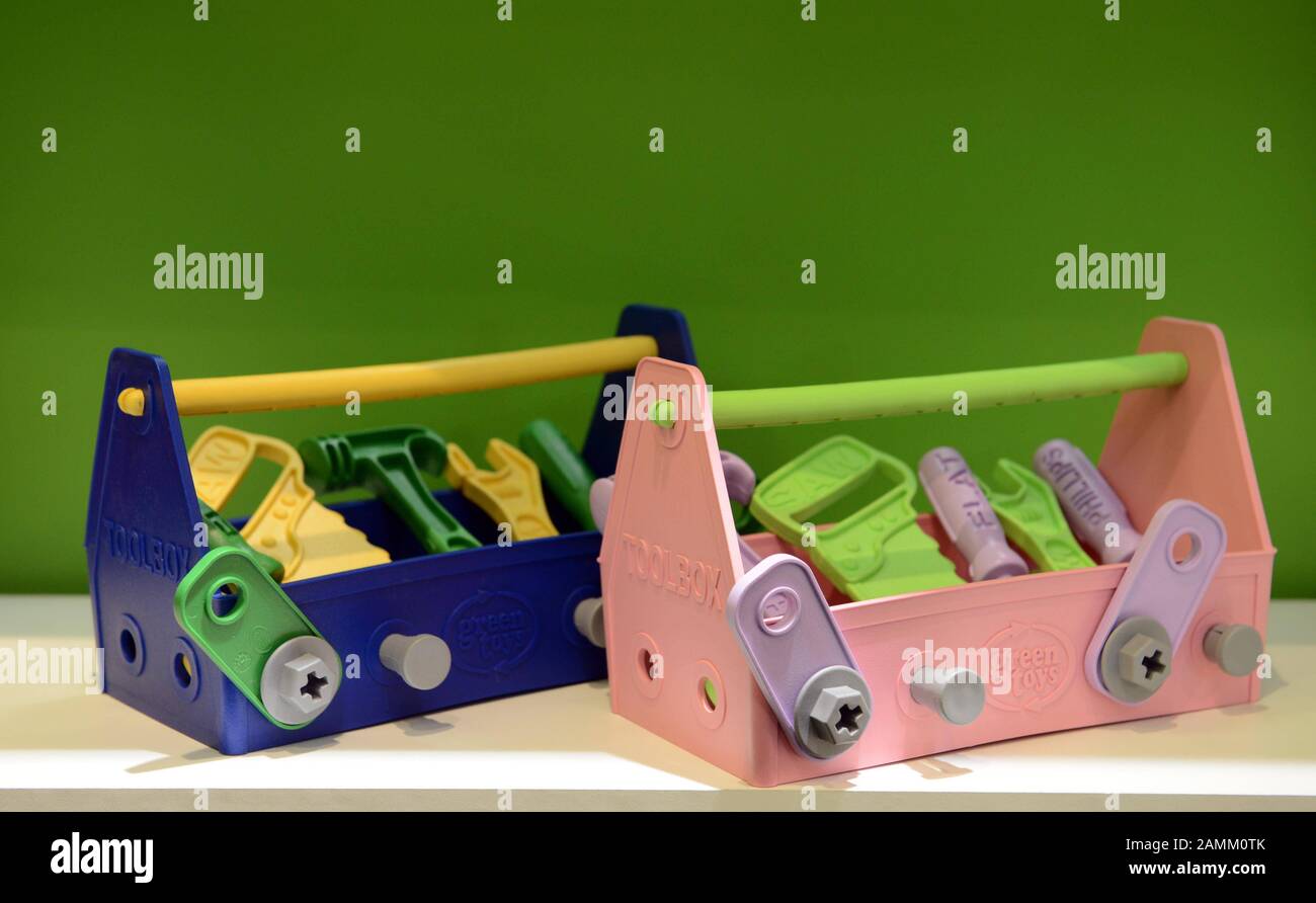 Plastic toolboxes for boys and girls at the Nuremberg Toy Fair. [automated translation] Stock Photo