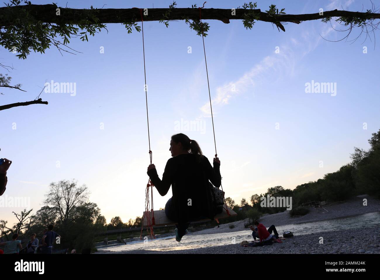 A woman swings in the evening hours at the Isar. A joker has carved the name 'Flaukel' on the improvised swing. [automated translation] Stock Photo