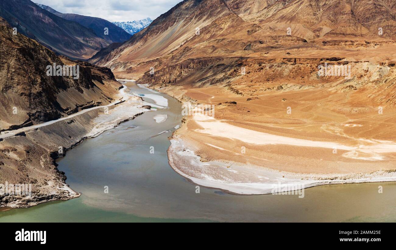Confluence of Zanskar and Indus rivers in Leh Ladakh at India Stock Photo