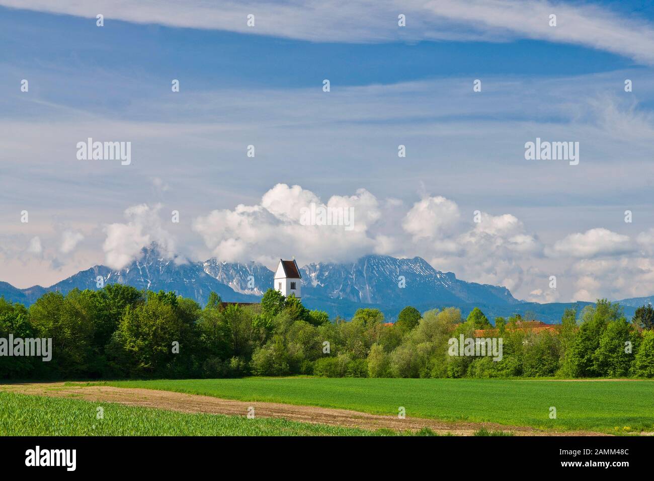 Panorama over the church of Surheim with the Hochstaufen and Zwiesel in the background, Community of Saaldorf, Berchtesgadener Land, Upper Bavaria [automated translation] Stock Photo