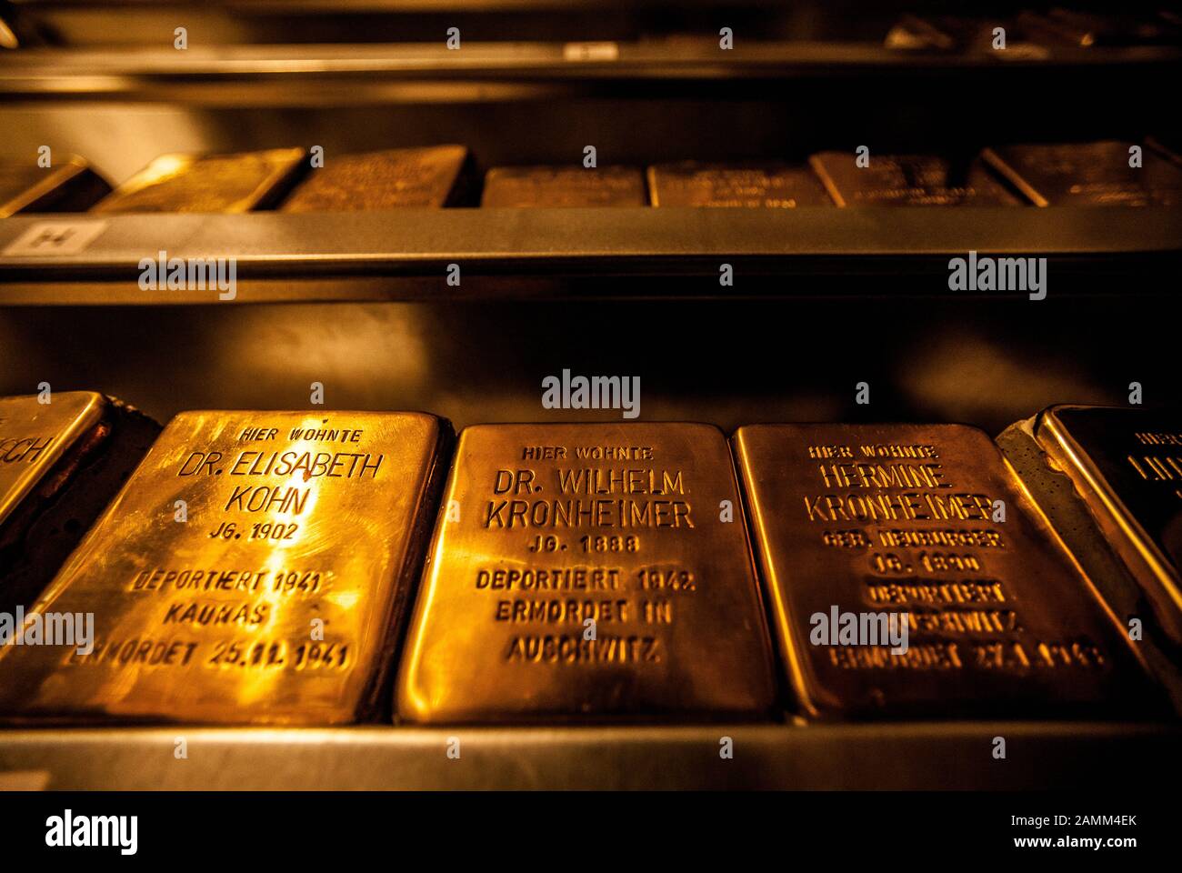 In a cellar in Barer Straße, prepared stumbling blocks are stored, which may not be laid on public ground due to the prohibition in Munich. [automated translation] Stock Photo