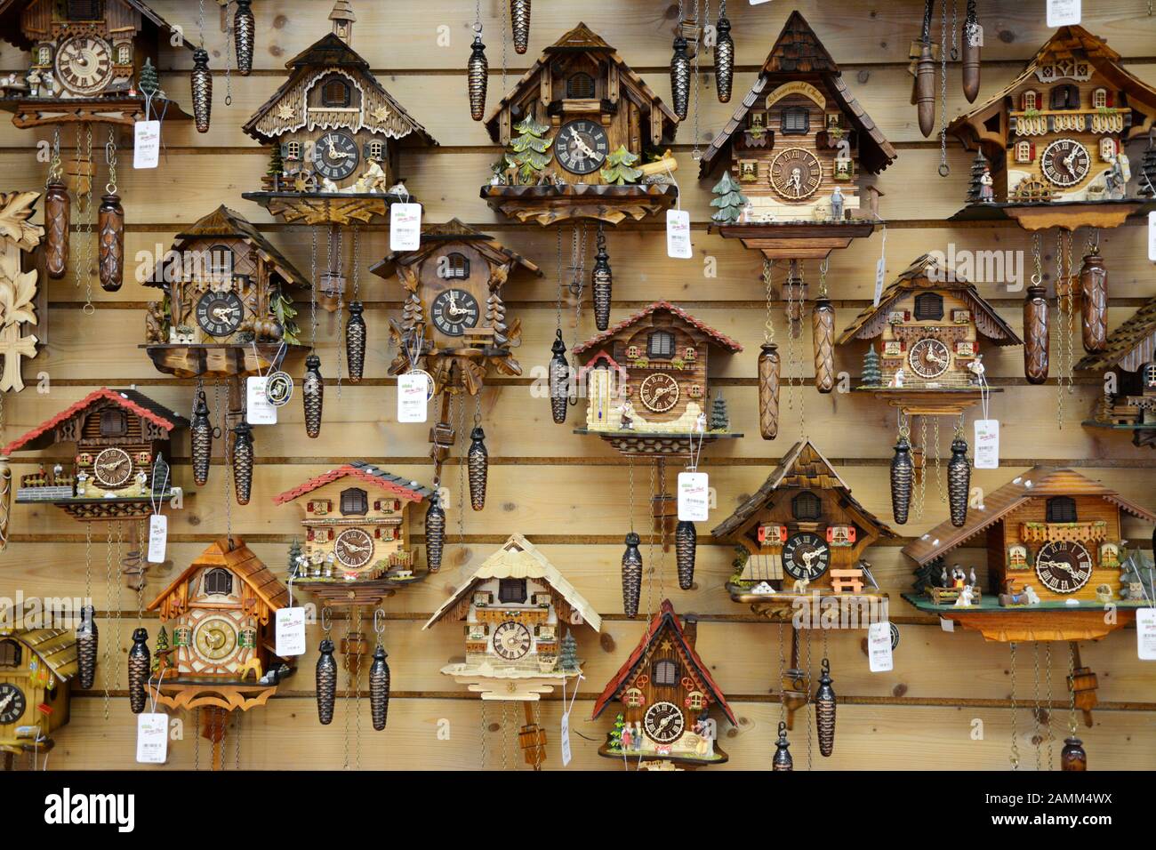 Black Forest cuckoo clocks hang in the clock park Elble in Triberg