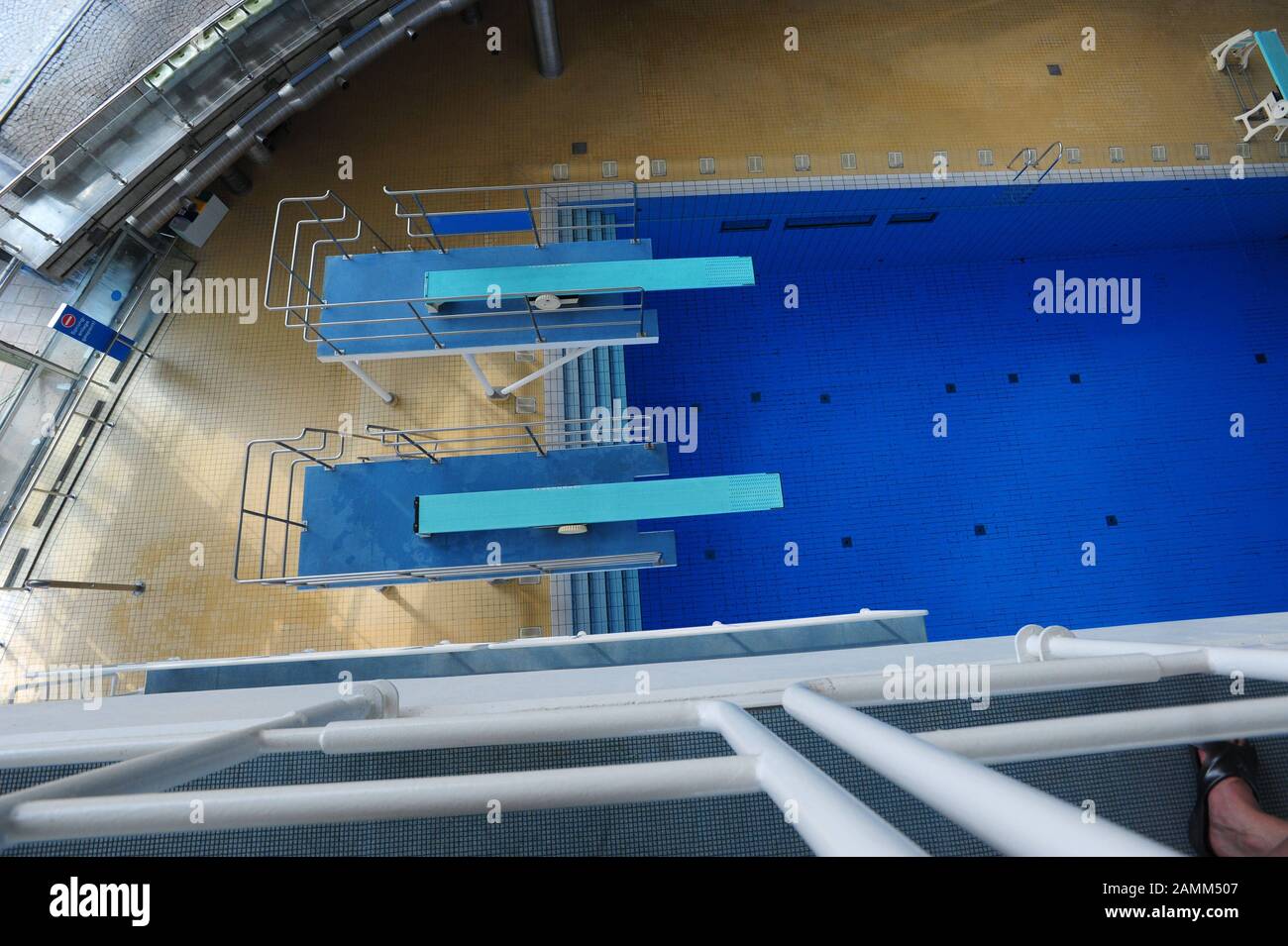 Diving tower with 10 meter board in the Olympic swimming hall in the