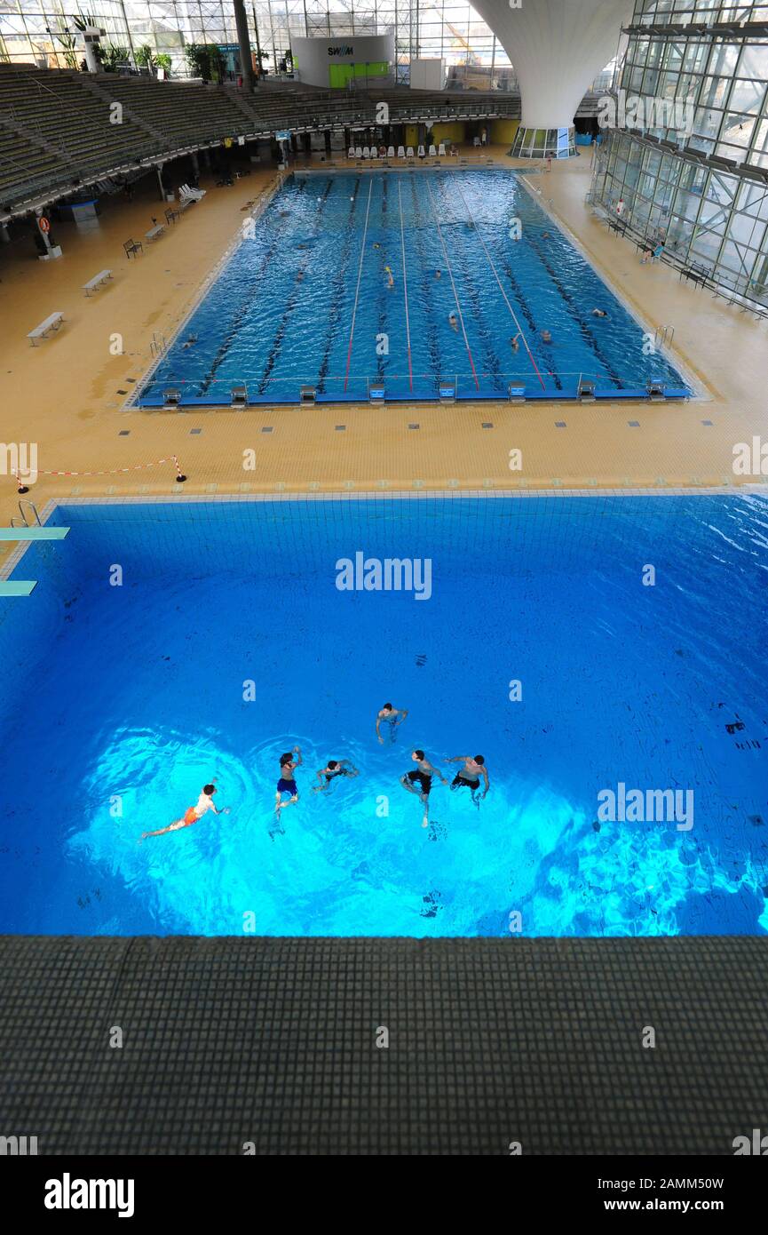 Diving tower with 10 meter board in the Olympic swimming hall in the
