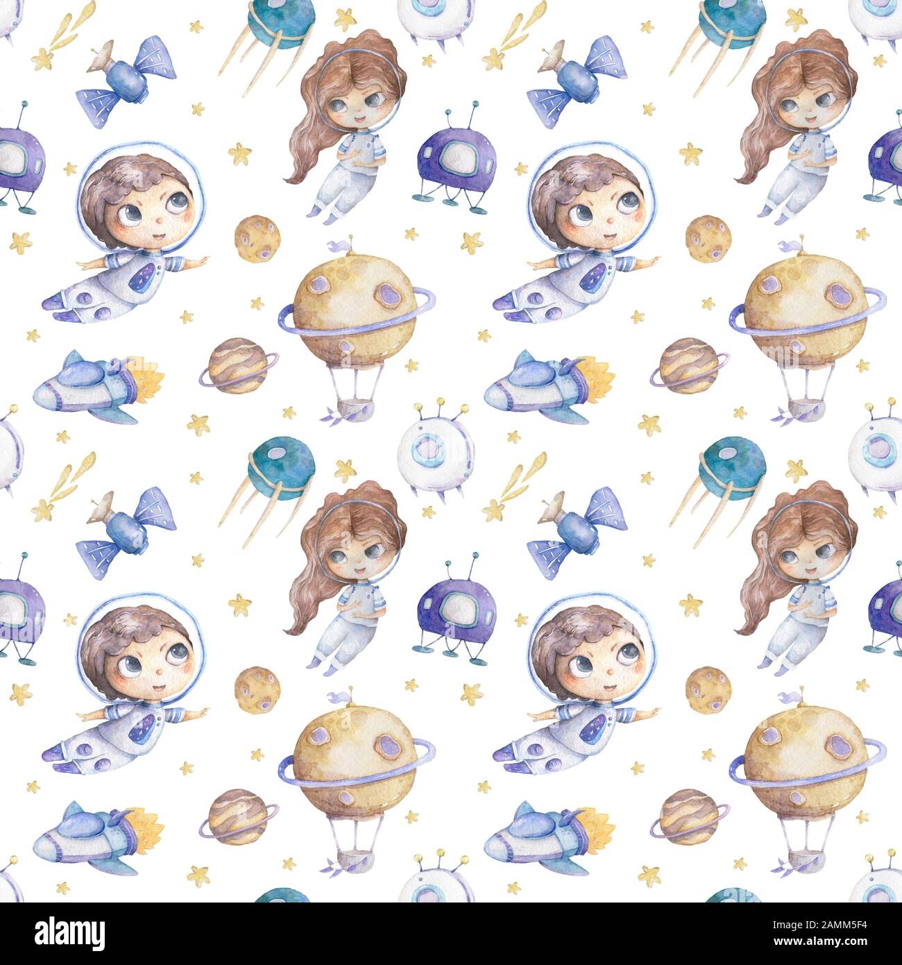 Cute boy and girl astronaut with rocket and planets background seamless ...