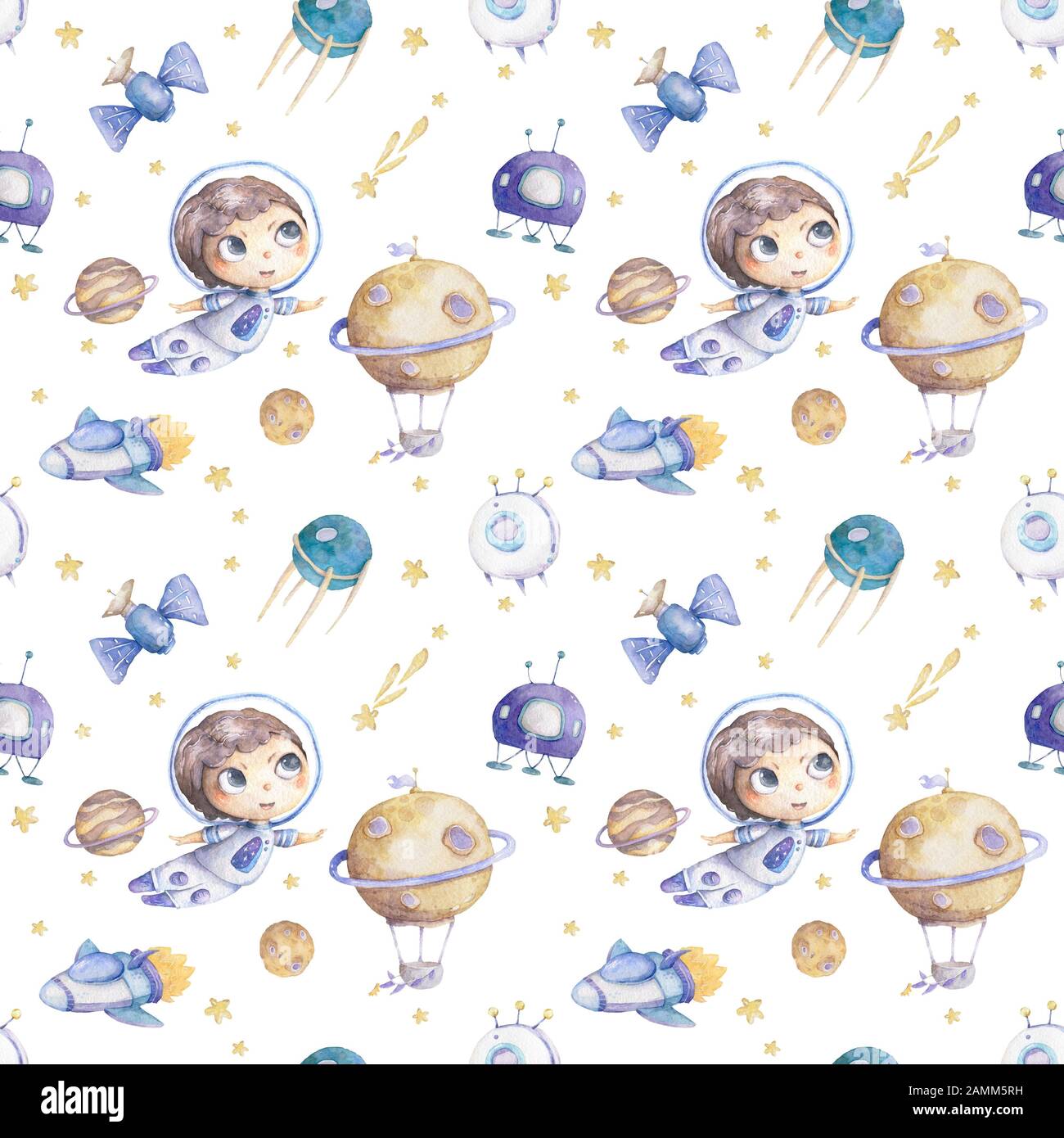 Cute boy astronaut with rocket and planets background seamless pattern ...