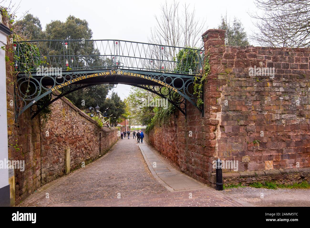 EXETER, DEVON, UK - 31MAR19: The Burnet Patch Bridge was Exeter's first wrought iron bridge, built to aid the mayor in making his annual Muraltie Walk Stock Photo