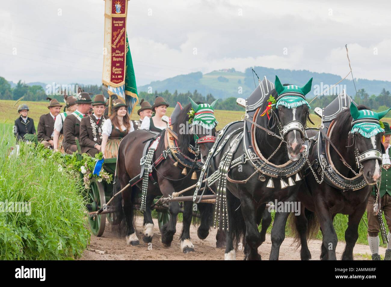 the traditional Leonhardiritt in Holzhausen - Teisendorf, Upper Bavaria, the ride is first mentioned in a document in 1612, the beautifully dressed horses are blessed, Germany [automated translation] Stock Photo