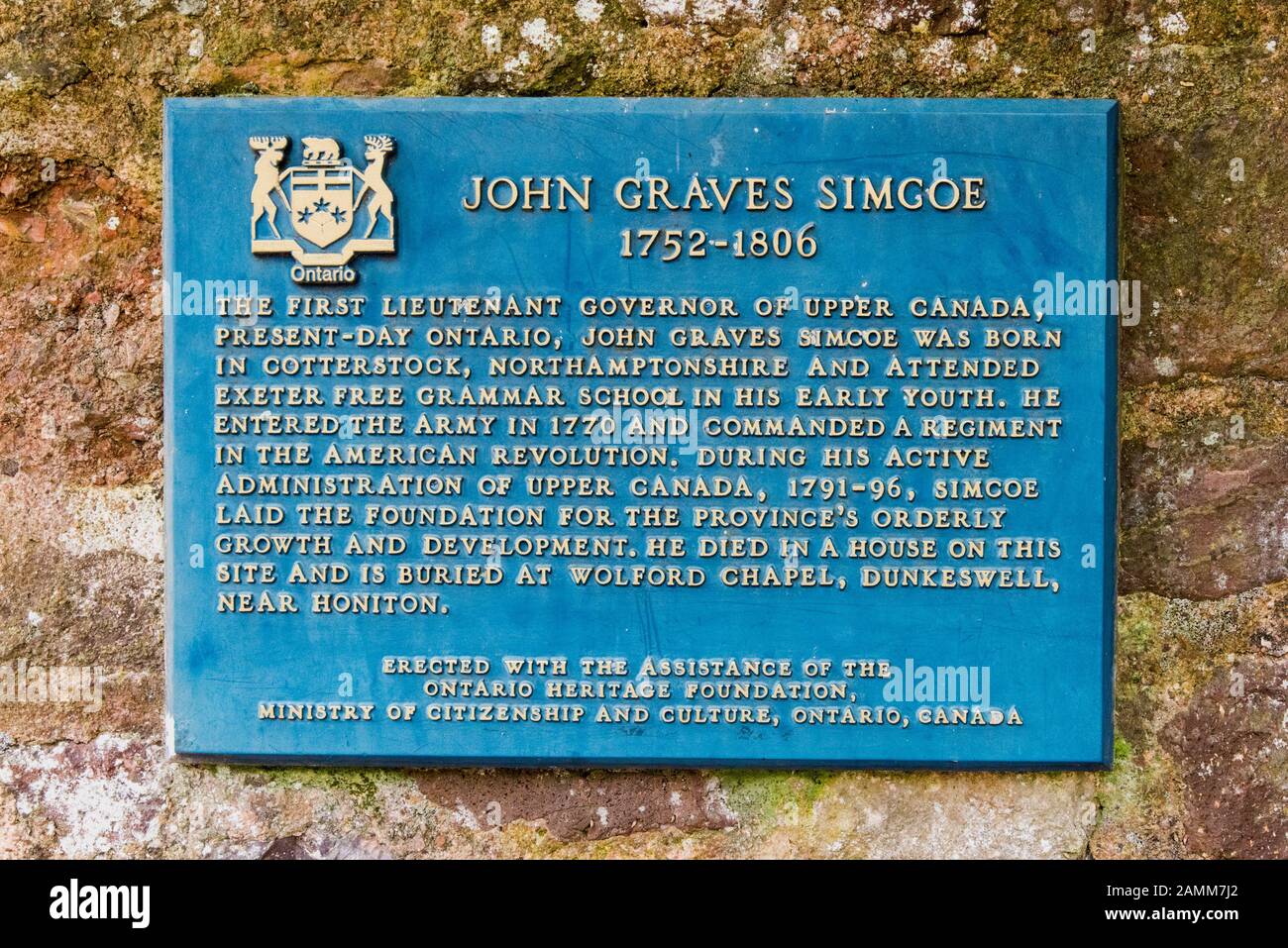 EXETER, DEVON, UK - 31MAR19: Commemorative plaque to John Graves Simcoe, former Lietenant Governor of Upper Canada who died in a house in Cathedral Cl Stock Photo