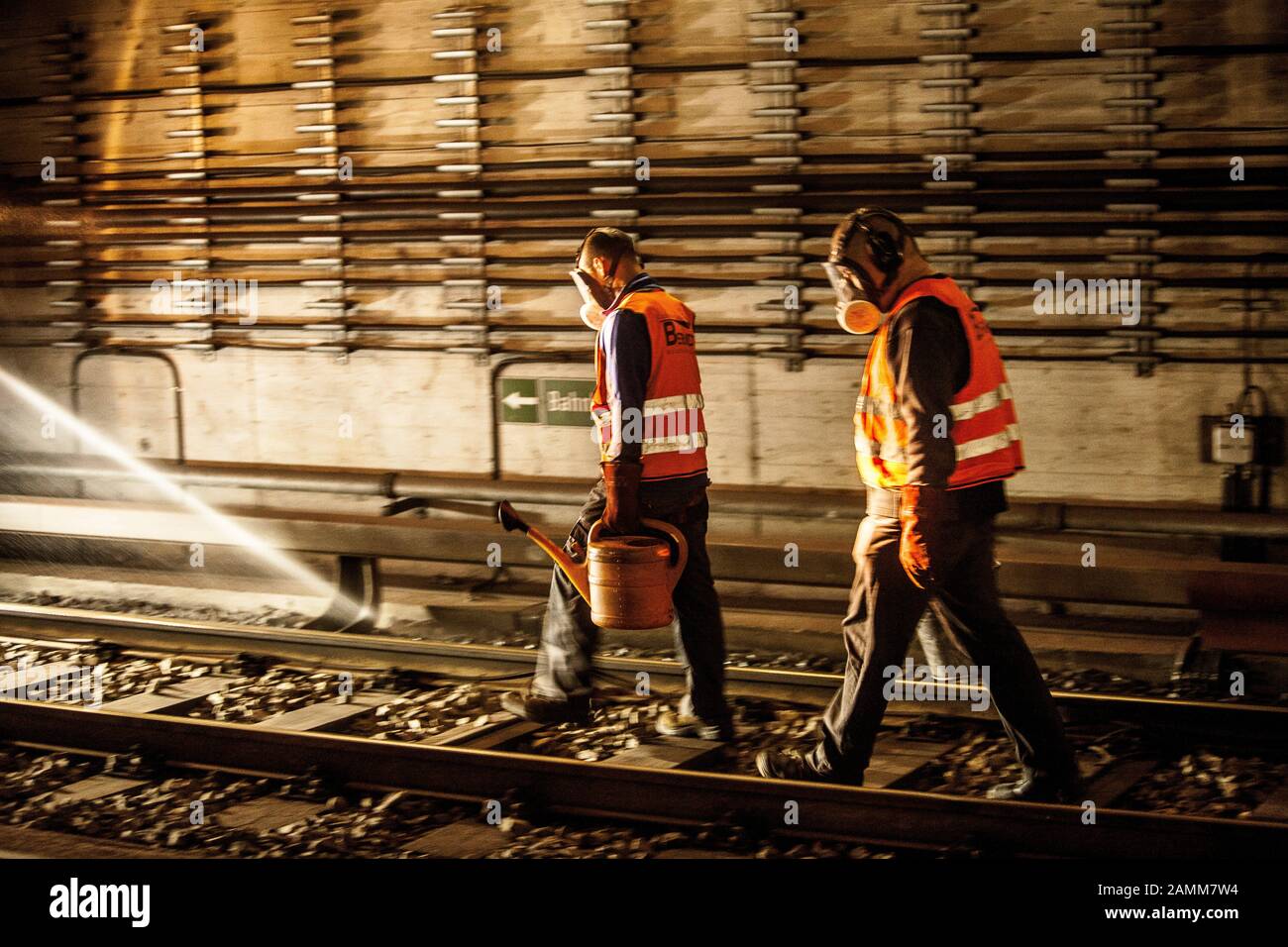 Rail grinding train on underground tracks between the stations Basler