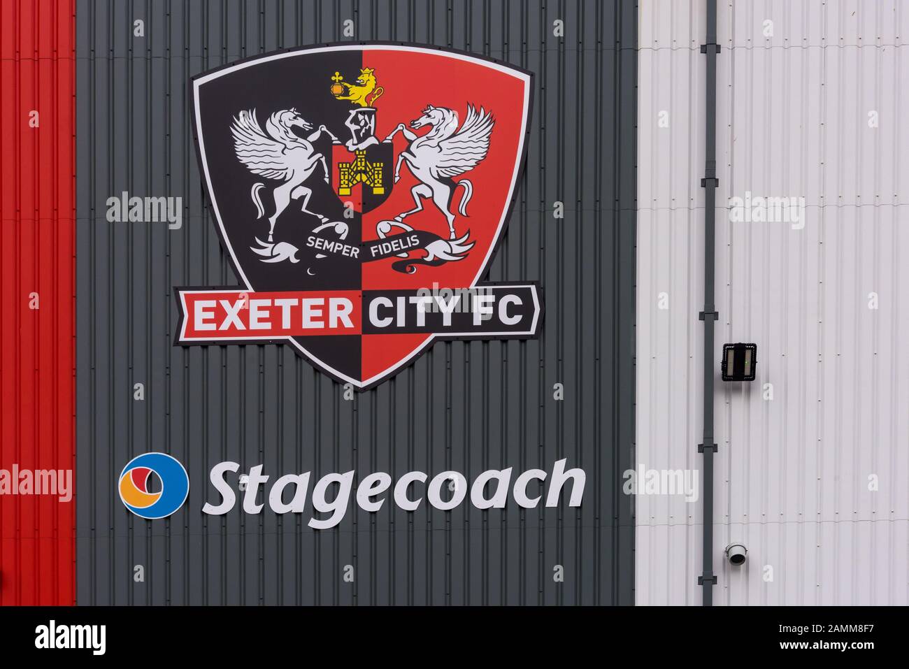 EXETER, DEVON, UK - 31MAR19: Exeter City FC crest on the Stagecoach Adam Stansfield Stand at St James Park, Stock Photo