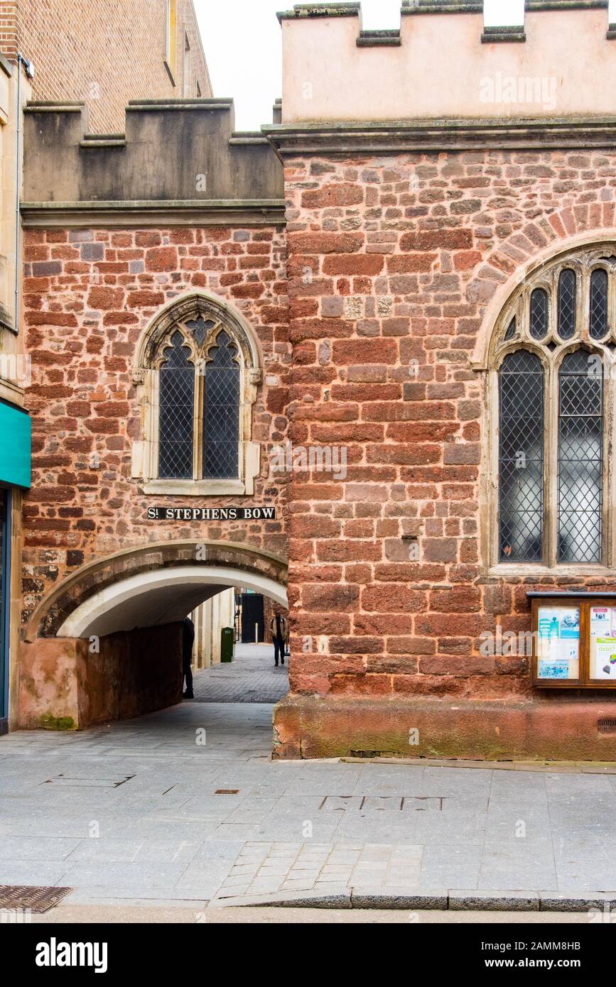 EXETER, DEVON, UK - 31MAR19: St Stephens Bow is a low passageway below St Stephens Church on the High Street. Stock Photo