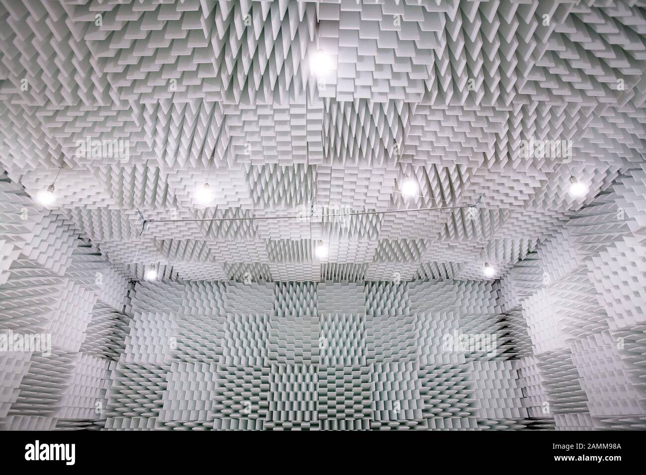 The low-reflection room (RAR) of the acoustics company Müller BBM in Planegg hangs on elastic springs so that no vibrations of the building affect it and is completely covered with white foam wedges, so that each sound only reverberates for 0.1 seconds, so that only the sound source can be heard, not its reflection. [automated translation] Stock Photo
