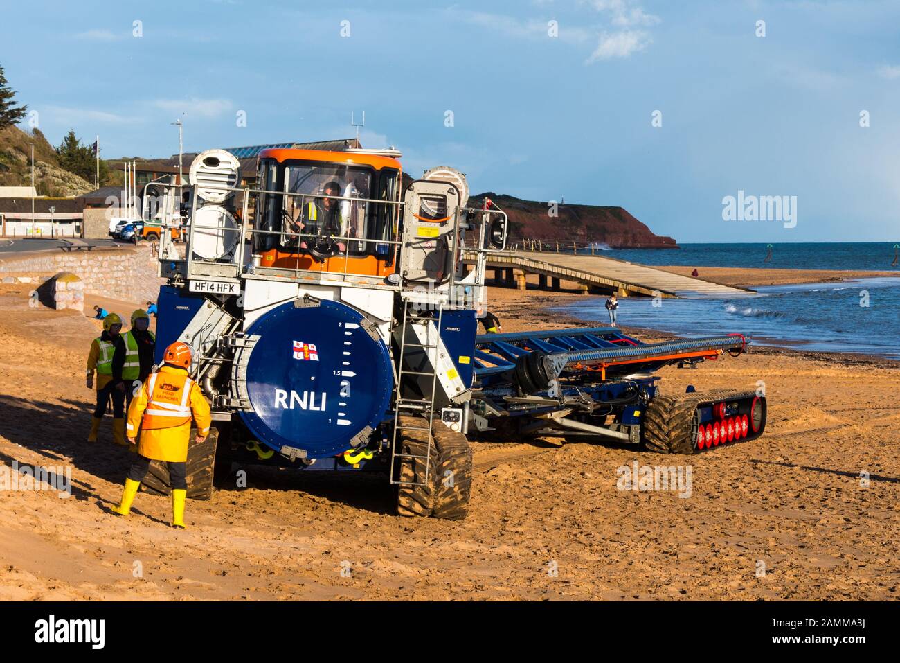 EXMOUTH, DEVON, UK - 3APR2019:  The Supacat Launch and Recovery Vehicle used with the RNLB R & J Welburn, a Shannon Class lifeboat. Stock Photo