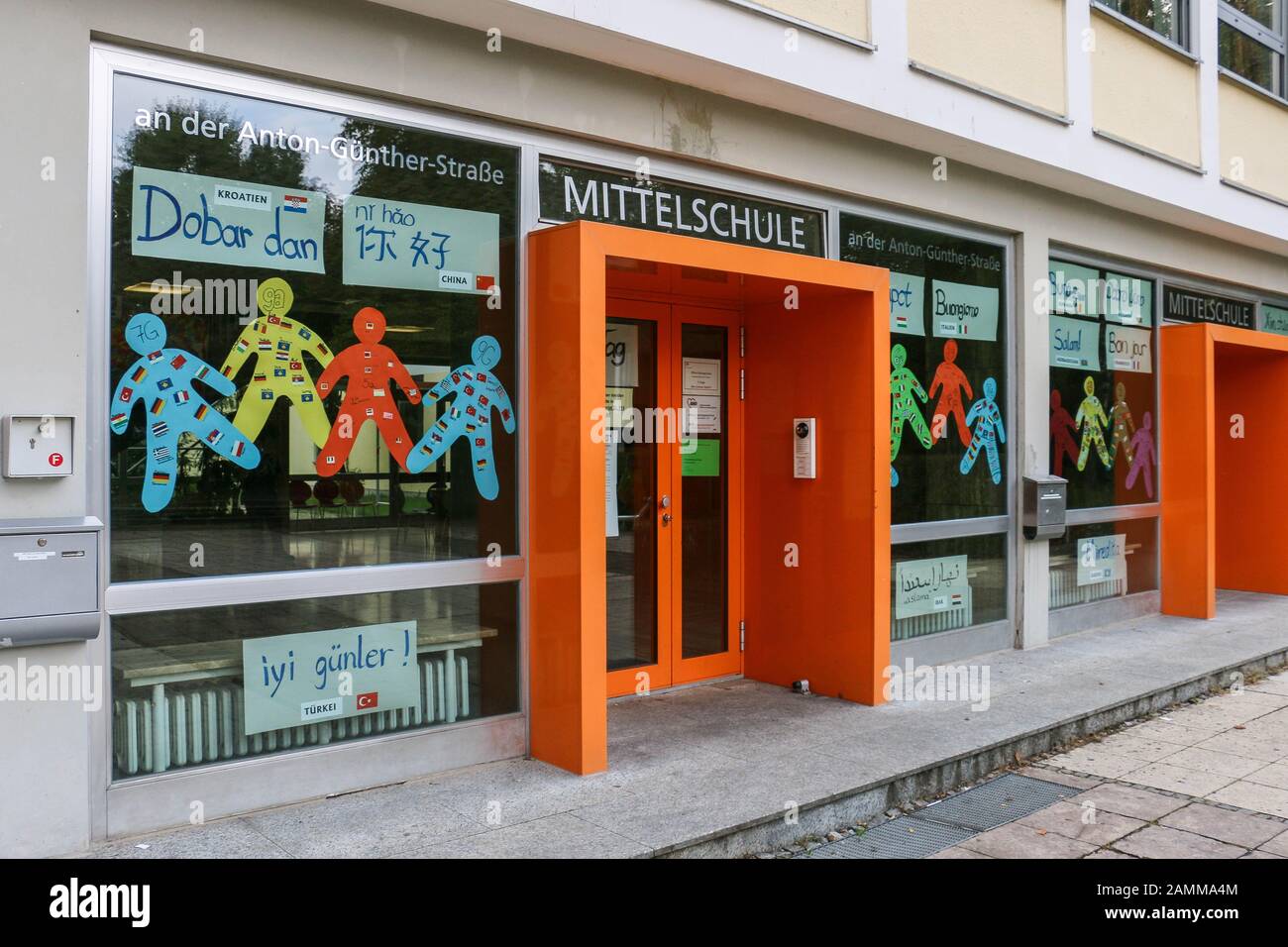 Intercultural week at the Mittelschule Ost at the Anton-Günther-Straße in Dachau. The picture shows the multilingual greeting at the entrance. [automated translation] Stock Photo