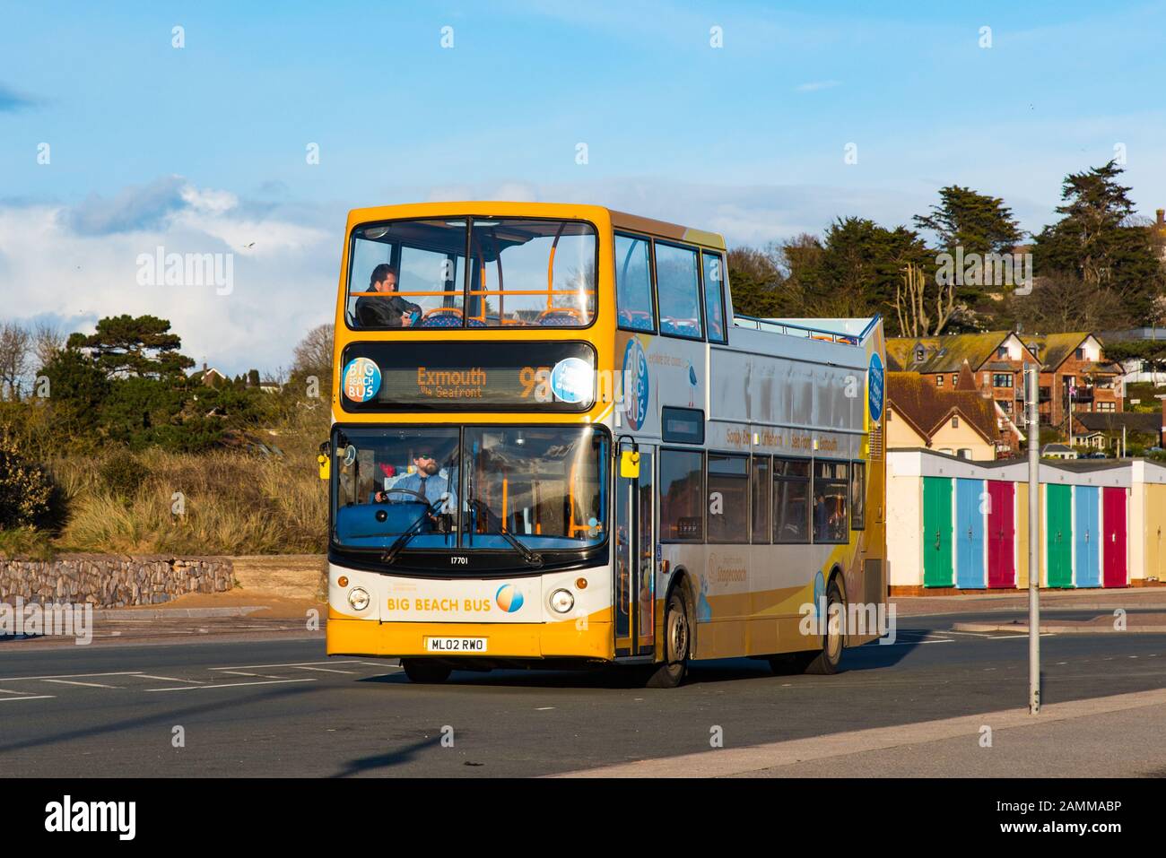 EXMOUTH, DEVON, UK - 3APR2019:  The Big Beach Bus is an open-top bus that runs between Exmouth and Devon Cliffs Holiday Park at Sandy Bay. Stock Photo