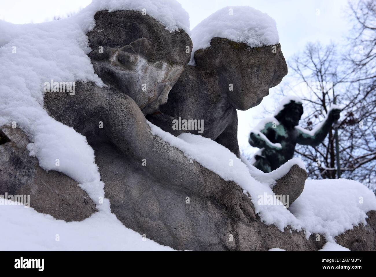 The snow-covered Vater-Rhein fountain on the Museum Island. [automated translation] Stock Photo