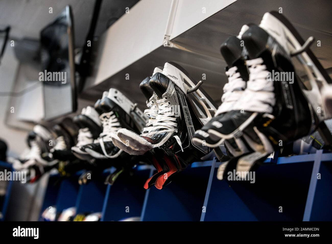 Ice hockey boots in the changing room of the EHC Red Bull Munich in the
