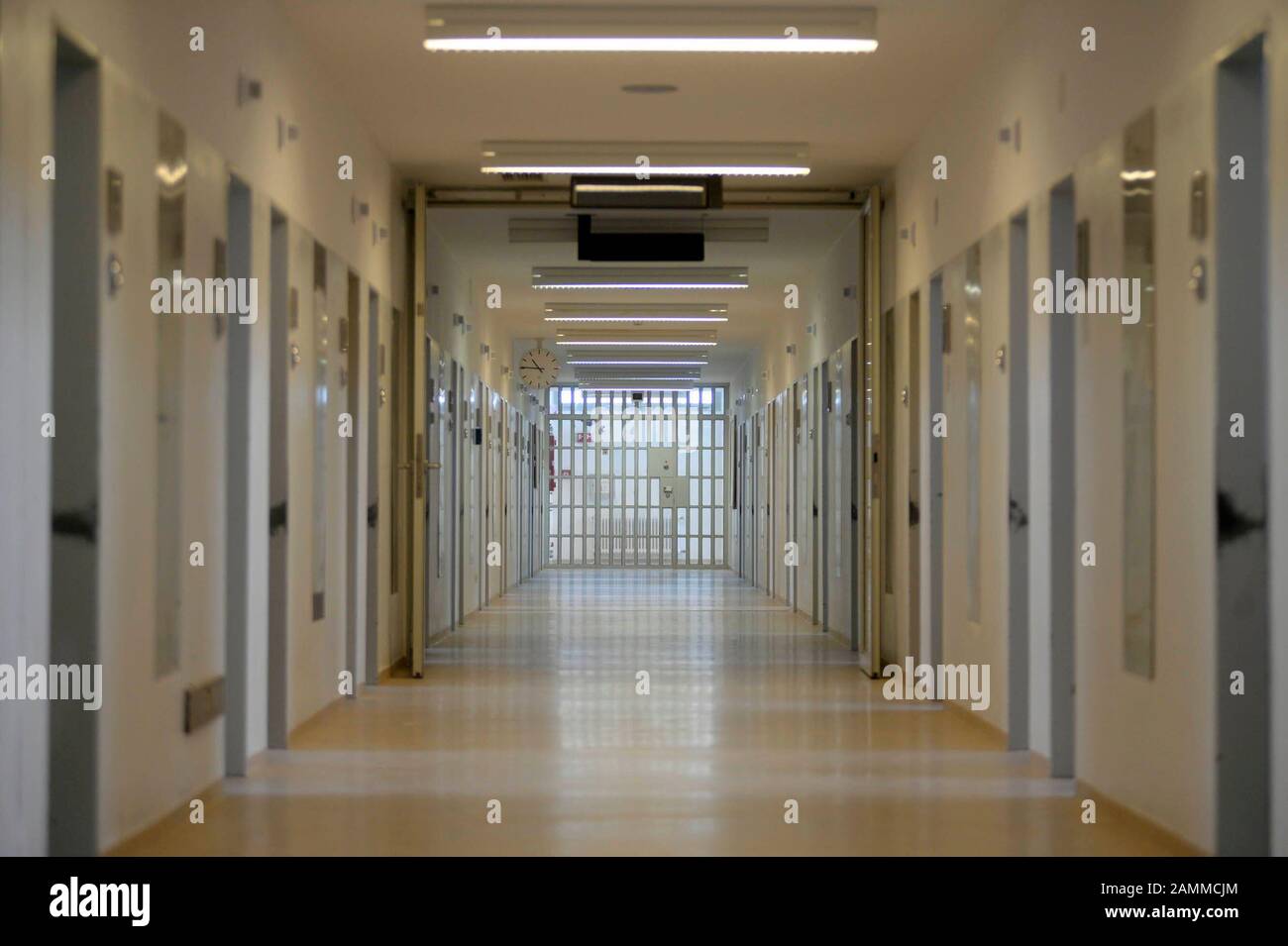 Long, deserted corridor in the cell wing of the Stadelheim prison