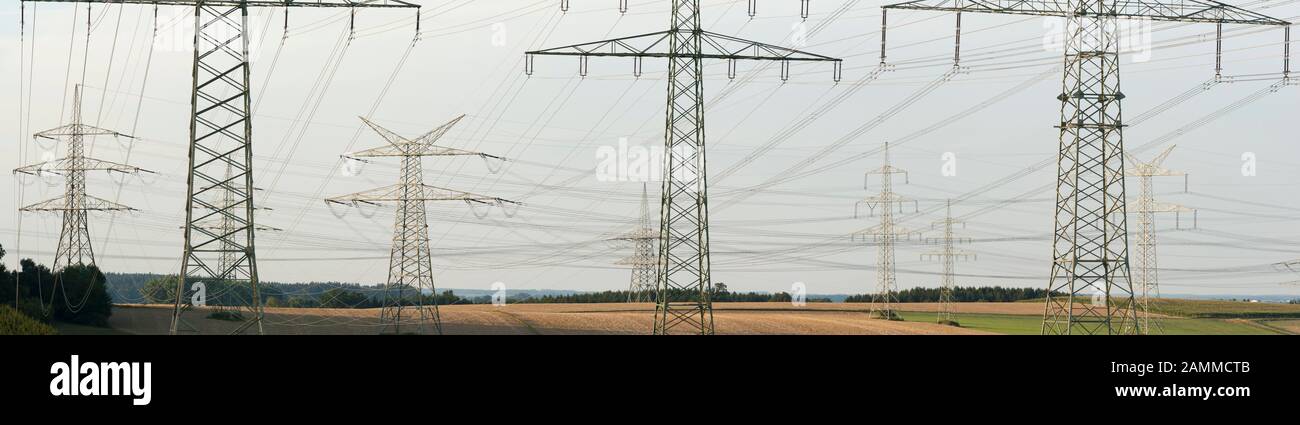 Panorama from many high voltage pylons [automated translation] Stock Photo