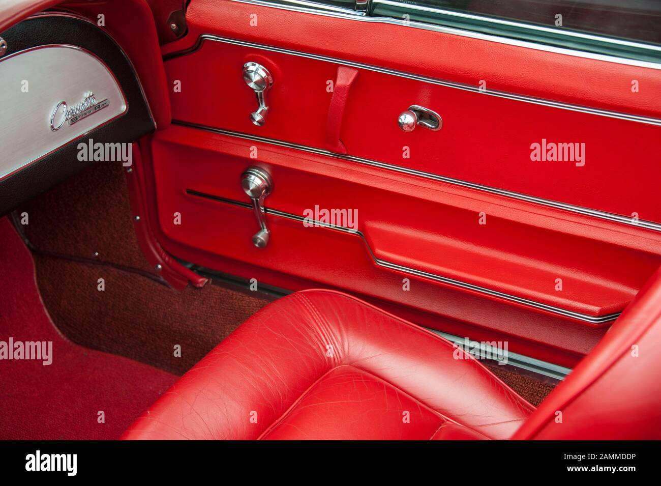 Vintage car show to mark the start of construction of the planned 'Motorworld Freimann' event trailer in the former repair shop between Maria-Probst-Strasse and Lilienthalallee. The picture shows the red leather lining of a Corvette car door. [automated translation] Stock Photo