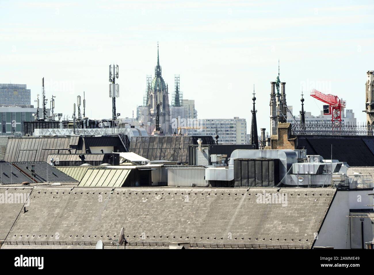View from the roof terrace of the Mandarin Oriental Hotel in downtown Munich. The picture shows mobile phone masts on the neighbouring roofs. [automated translation] Stock Photo