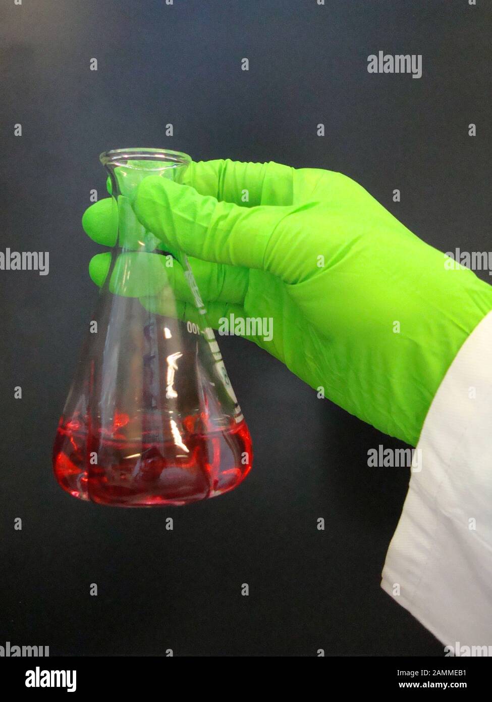 red liquid in an Erlenmeyer vessel in the laboratory [automated translation] Stock Photo