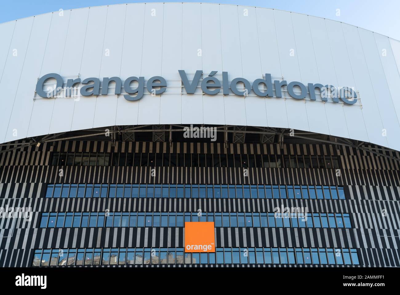 Marseille France, 28 December 2019 : Orange Velodrome stadium logo view home to OM Football team in Marseille France Stock Photo