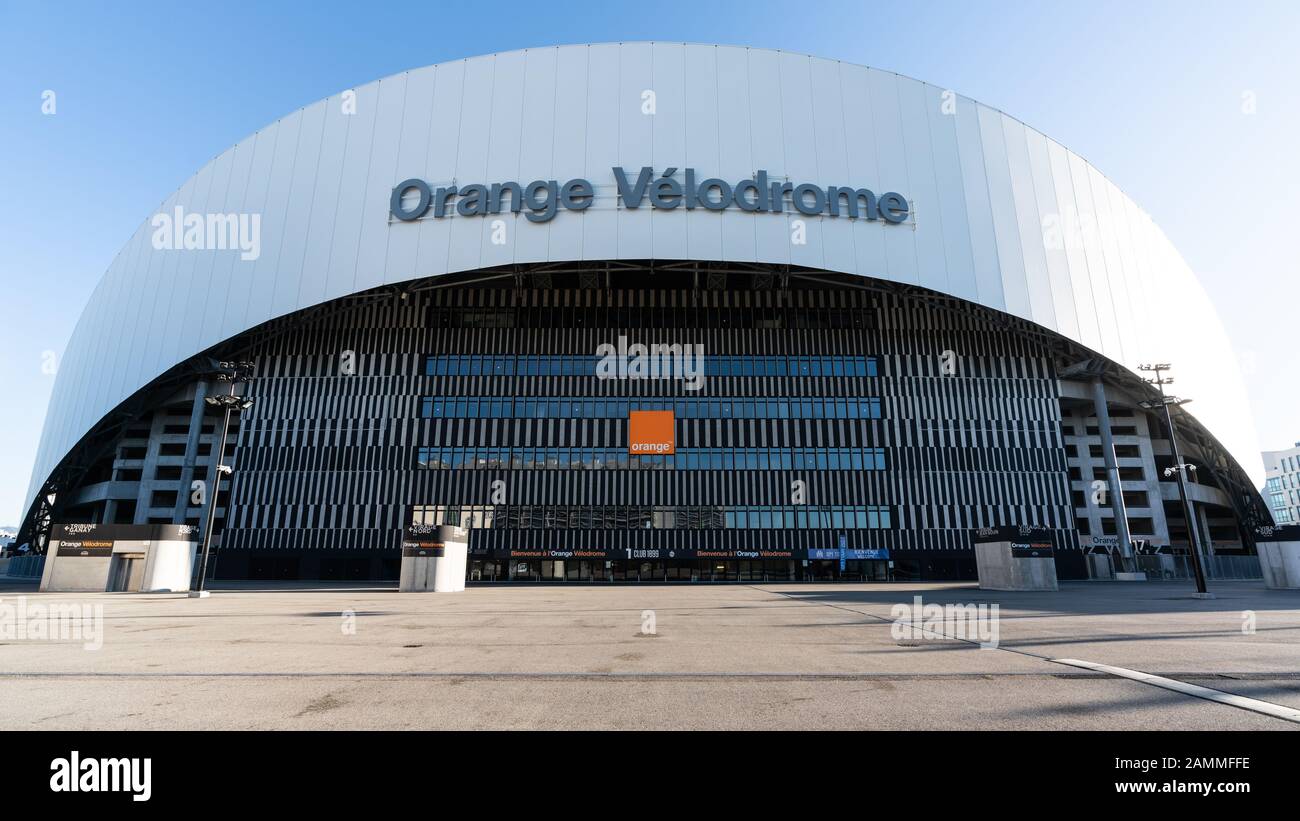 Marseille France, 28 December 2019 : Orange Velodrome stadium wide angle view home to OM Football team in Marseille France Stock Photo