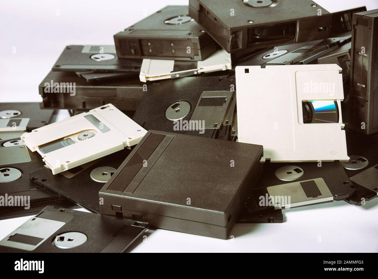 Obsolete storage technology, stack of ancient disks and tapes media
