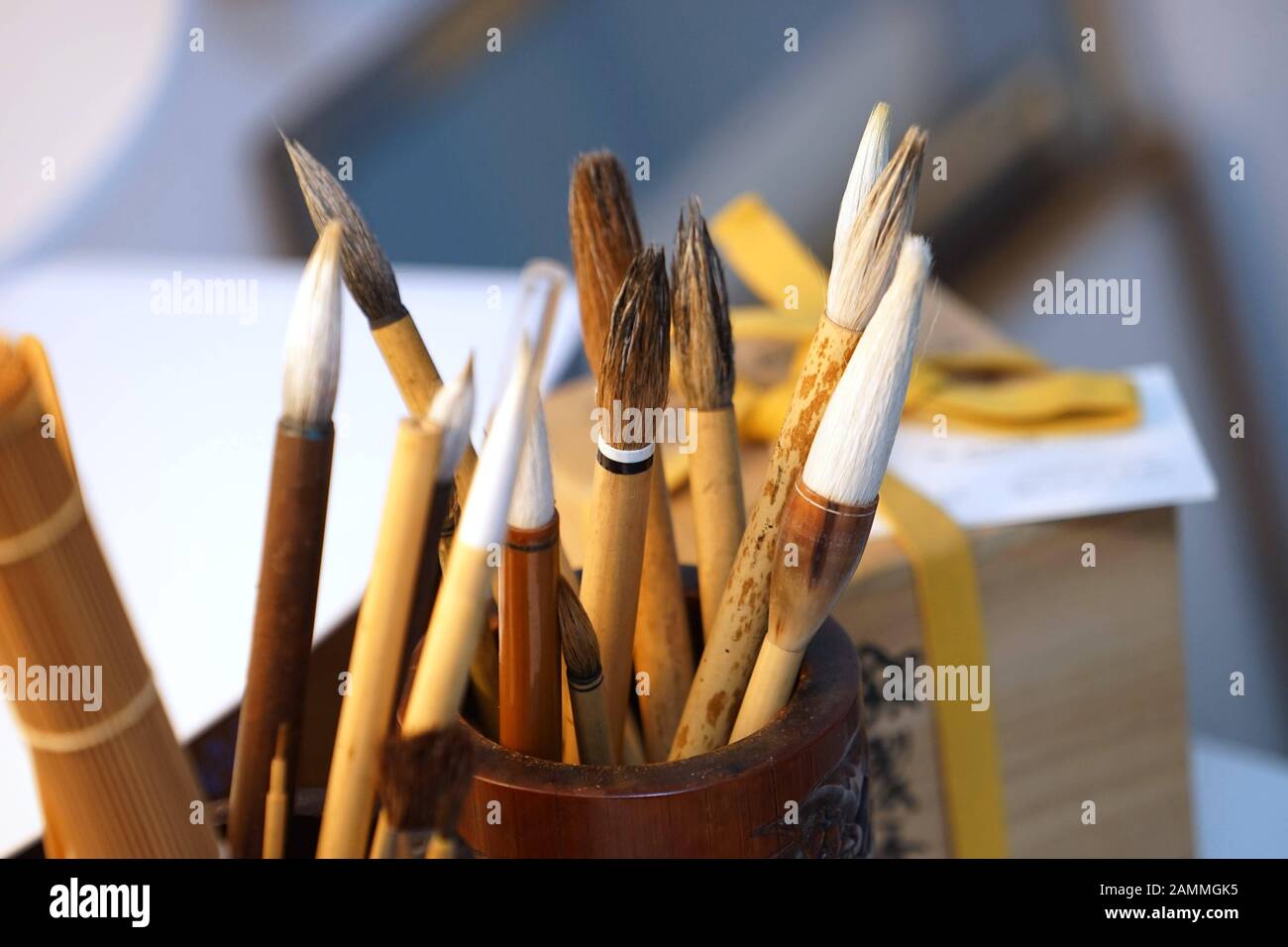 Paint brushes by the artist Ingrid Büchs, who learned Sumie, the art of ink painting, in Japan. [automated translation] Stock Photo