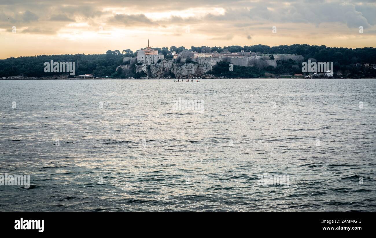 Iles du Lerin or Sainte Marguerite island scenic view with the Fort Royal taken from Pointe de la Croisette in Cannes France Stock Photo