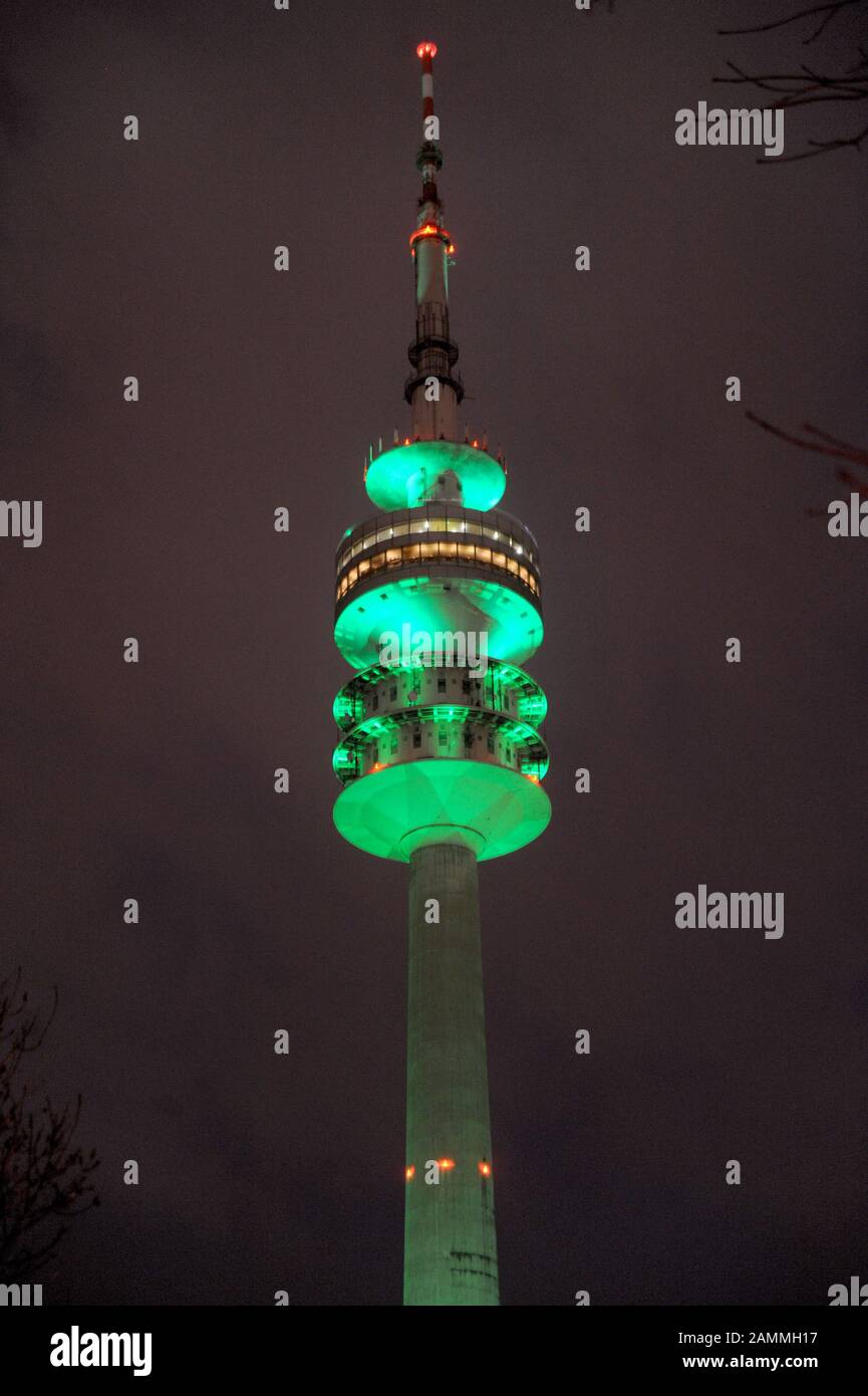 Greening Munich: the Munich Olympic Tower is lit up in the Irish national colour green on St. Patrick's Day. [automated translation] Stock Photo