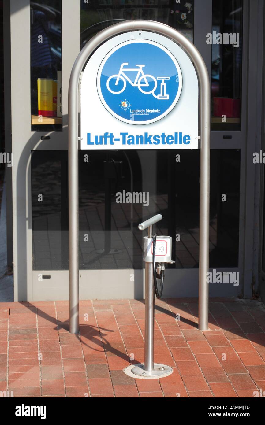Air filling station for bicycles, Bruchhausen-Vilsen, Lower Saxony, Germany Stock Photo