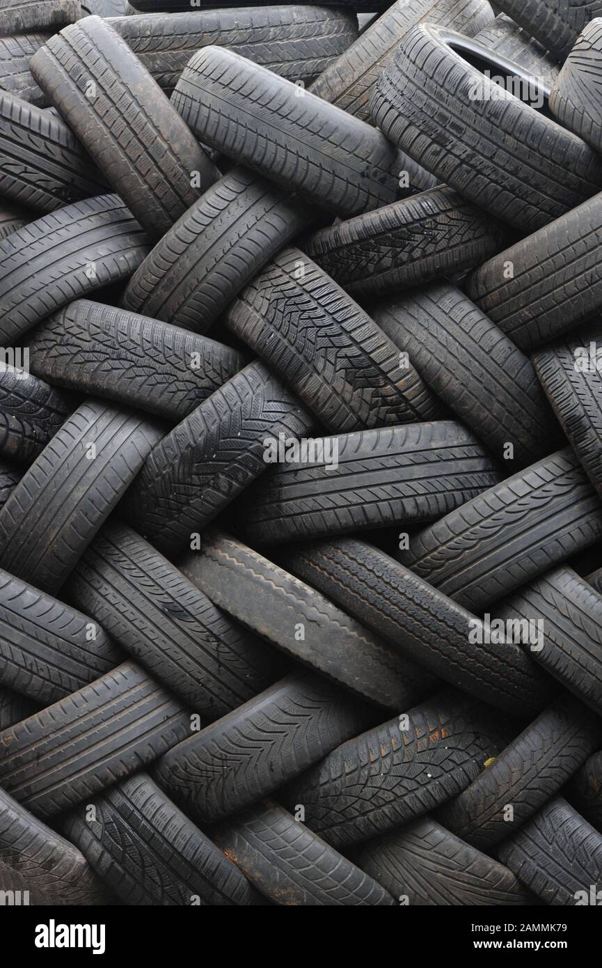 Lots of tyres on the scrap yard of the workshop Schindelar in the Valentin-Linhof-Straße [automated translation] Stock Photo