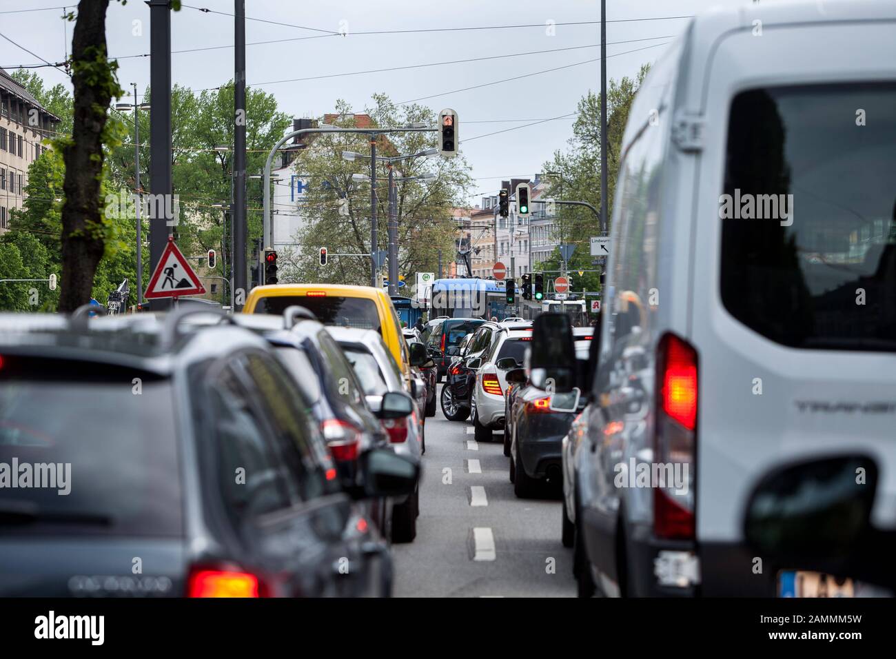 Cars are jammed on Sonnenstraße because of a major construction site at Sendlinger-Tor-Platz [automated translation] Stock Photo