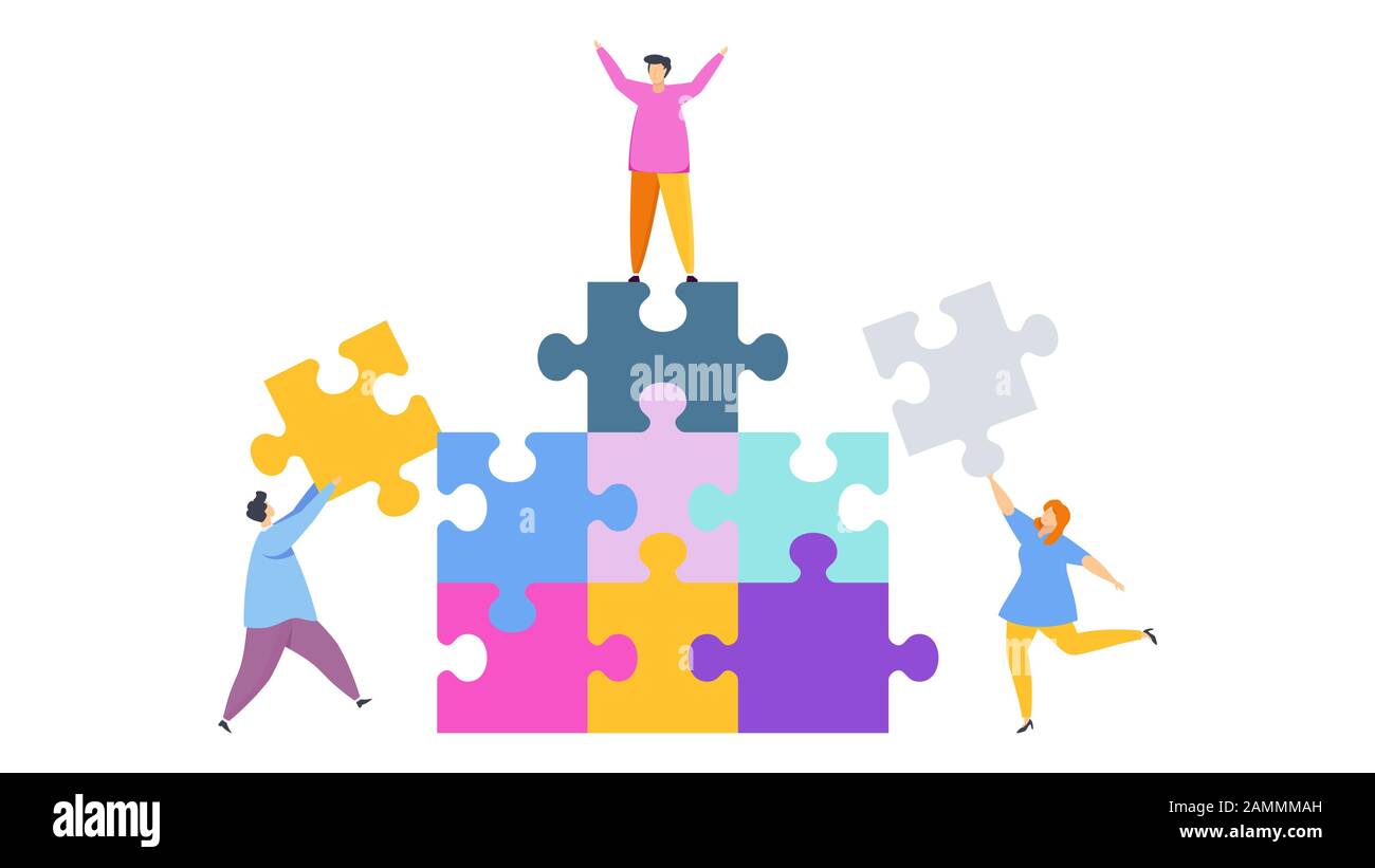 People assemble a puzzle Stock Vector