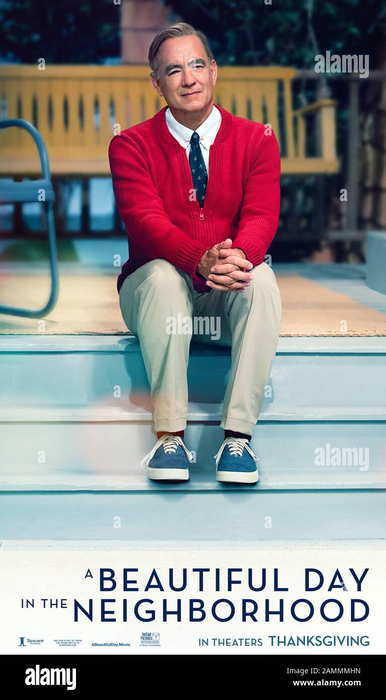 A Beautiful Day in the Neighborhood (2019) directed by Marielle Heller and starring  Tom Hanks, Matthew Rhys, Chris Cooper and Susan Kelechi Watson. Heartwarming film based on a true story about a friendship between Fred Rogers and journalist Tom Junod. Stock Photo