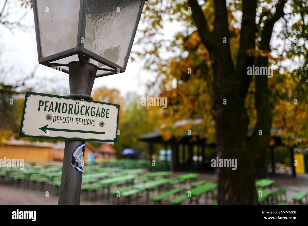 Munich summer longing variety in autumn: The beer garden at the Chinese Tower in the English Garden is abandoned. [automated translation] Stock Photo