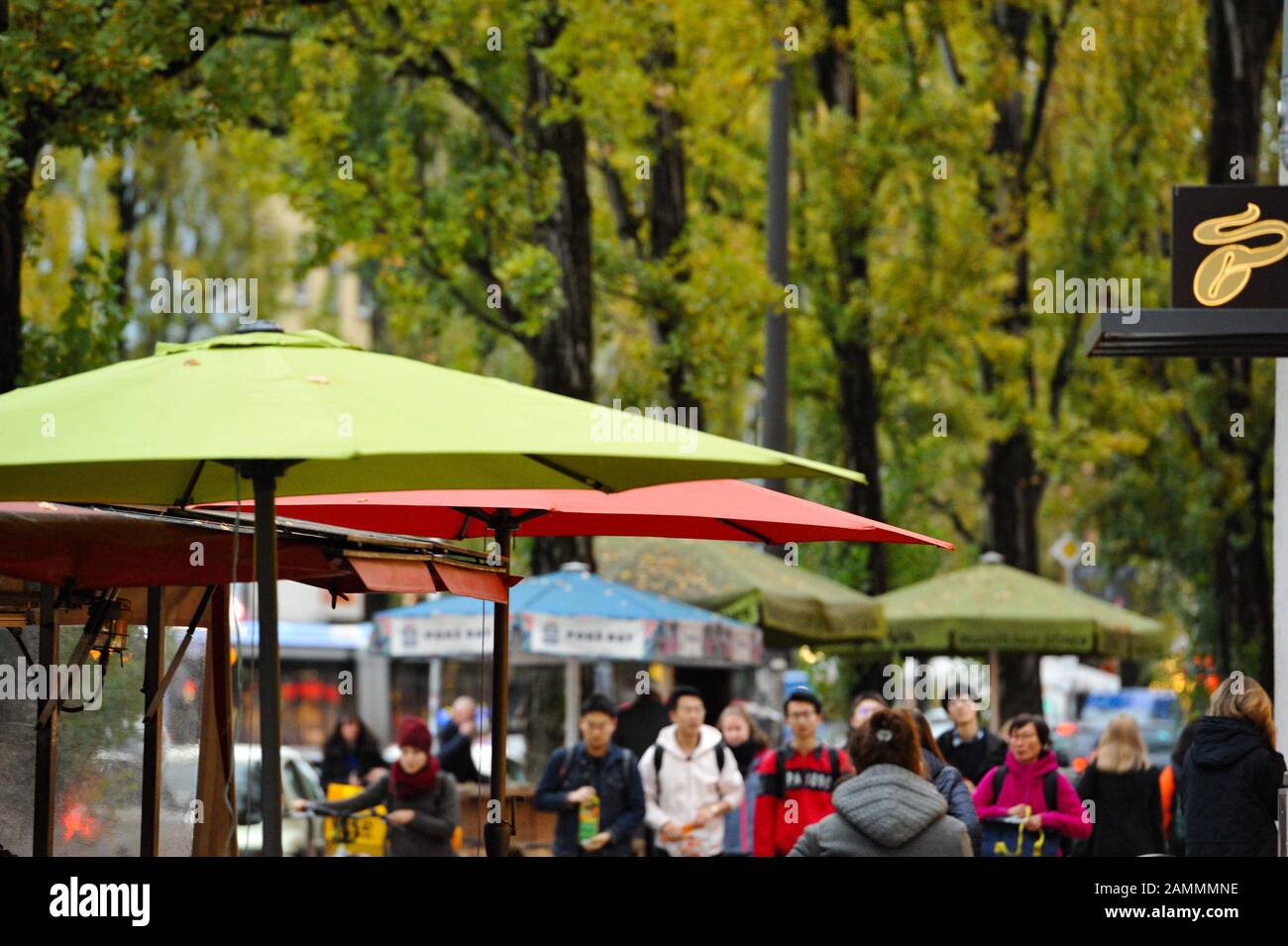 Sunshades of the many restaurants in Munich's Leopoldstraße. [automated translation] Stock Photo