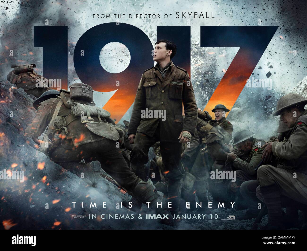 1917 (2019) directed by Sam Mendes and starring Dean-Charles Chapman, George MacKay, Daniel Mays and Colin Firth. Two British soldiers undertake a dangerous mission across enemy territory to deliver a life-saving message. Stock Photo