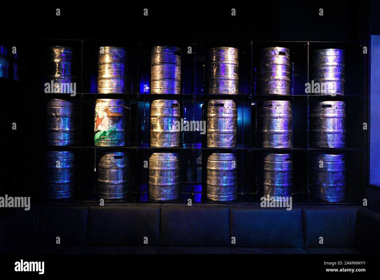 Beer barrels in the 'Star-Club Munich' at Atlelierstraße 14 in the works quarter. The mixture of lounge, bar and dance hall is also a flagship store of the Heineken brewery group. [automated translation] Stock Photo