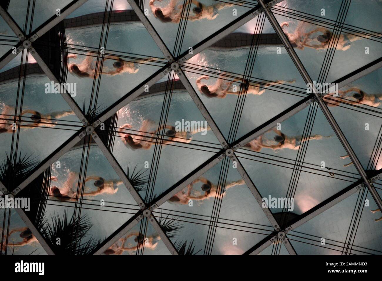 Swimmers are reflected in the dome of the Munich Westbad. [automated translation] Stock Photo