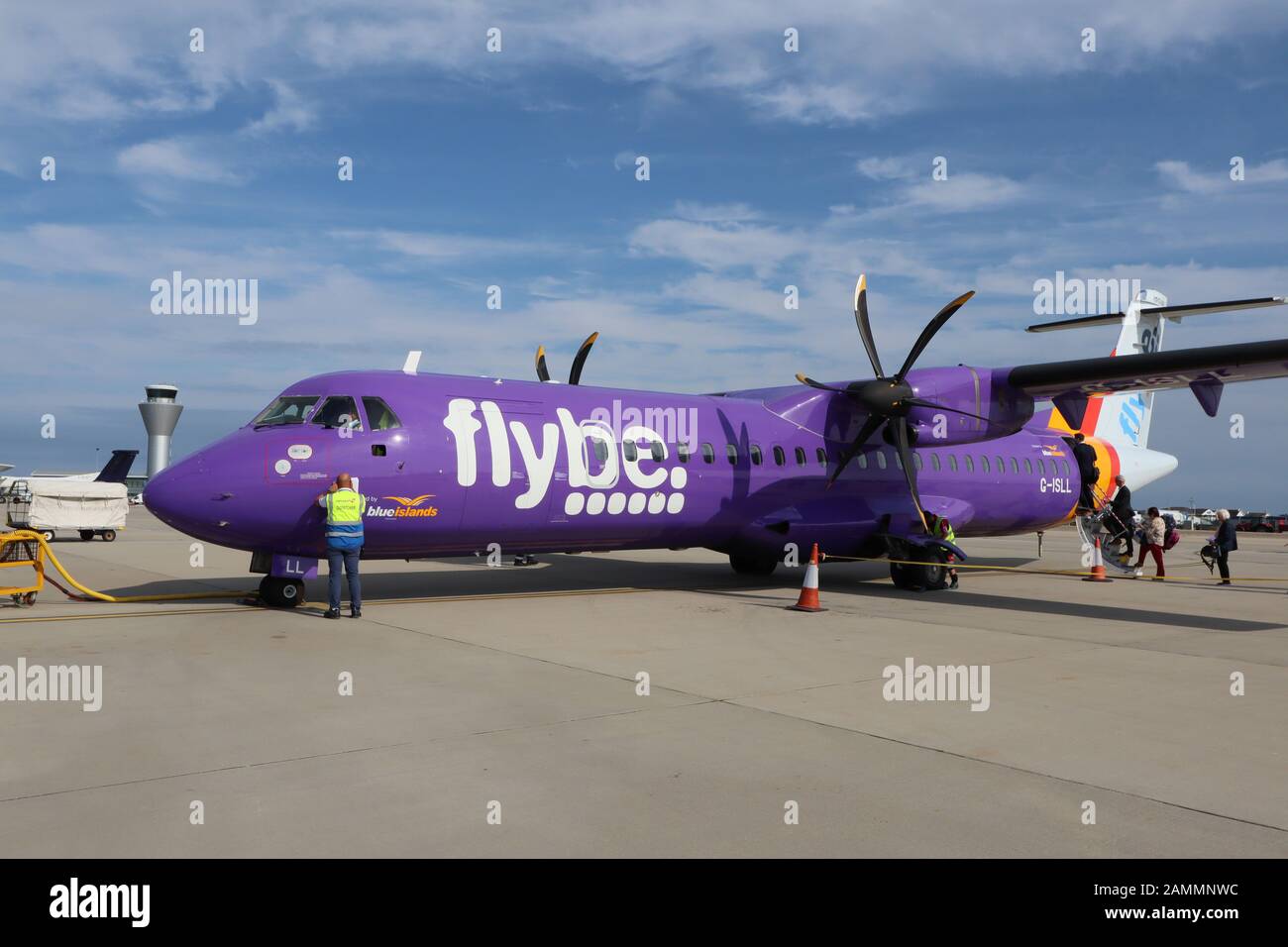 Flybe Britain's biggest regional airline on brink of bankruptcy, Jersey Airport, Channel Islands, UK, 05 August 2019, Photo by Richard Goldschmidt Stock Photo