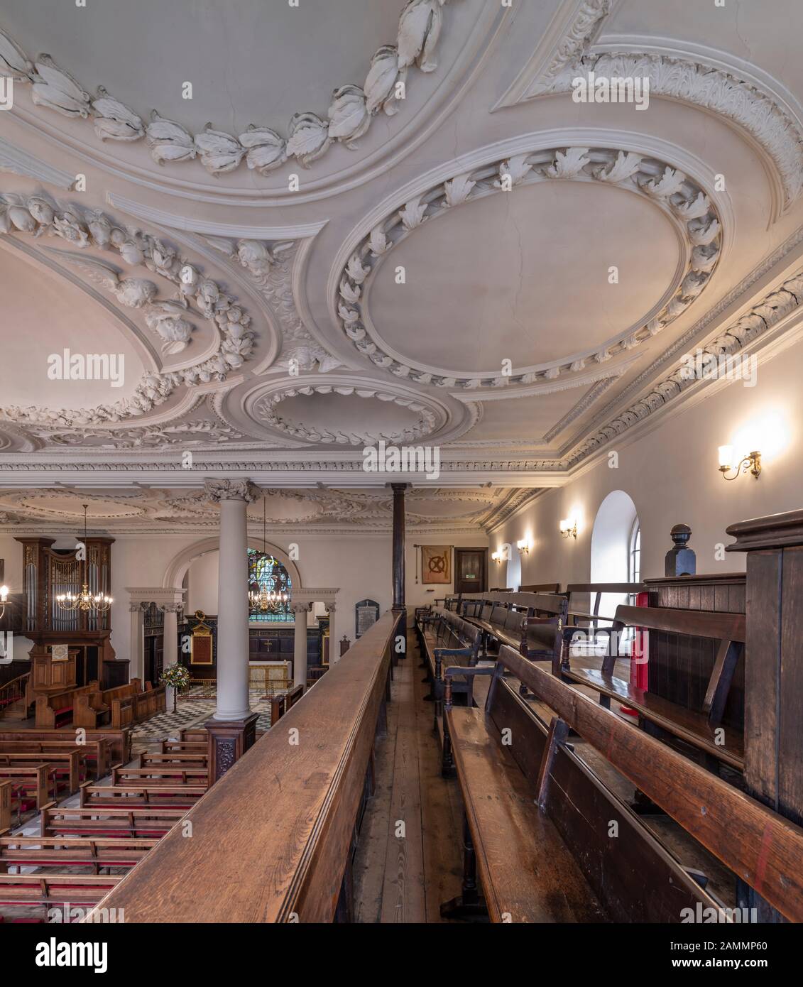 King Charles The Martyr Church, near to the Pantiles in Tunbridge Wells, Kent. Built in 1676, the oldest plaster ceiling is by John Weatherell. Stock Photo