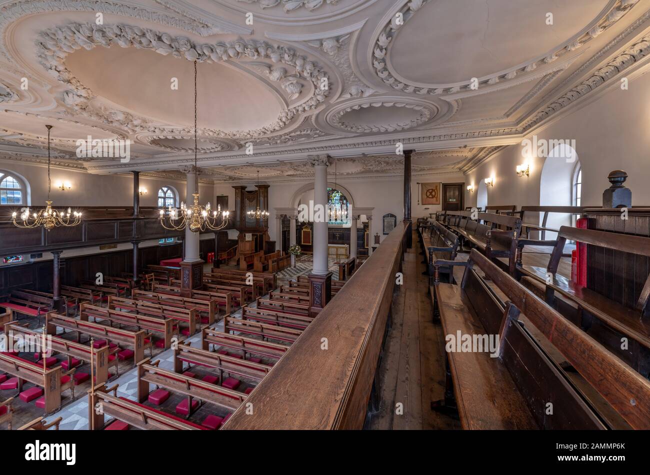 King Charles The Martyr Church, near to the Pantiles in Tunbridge Wells, Kent. Built in 1676, the oldest plaster ceiling is by John Weatherell. Stock Photo