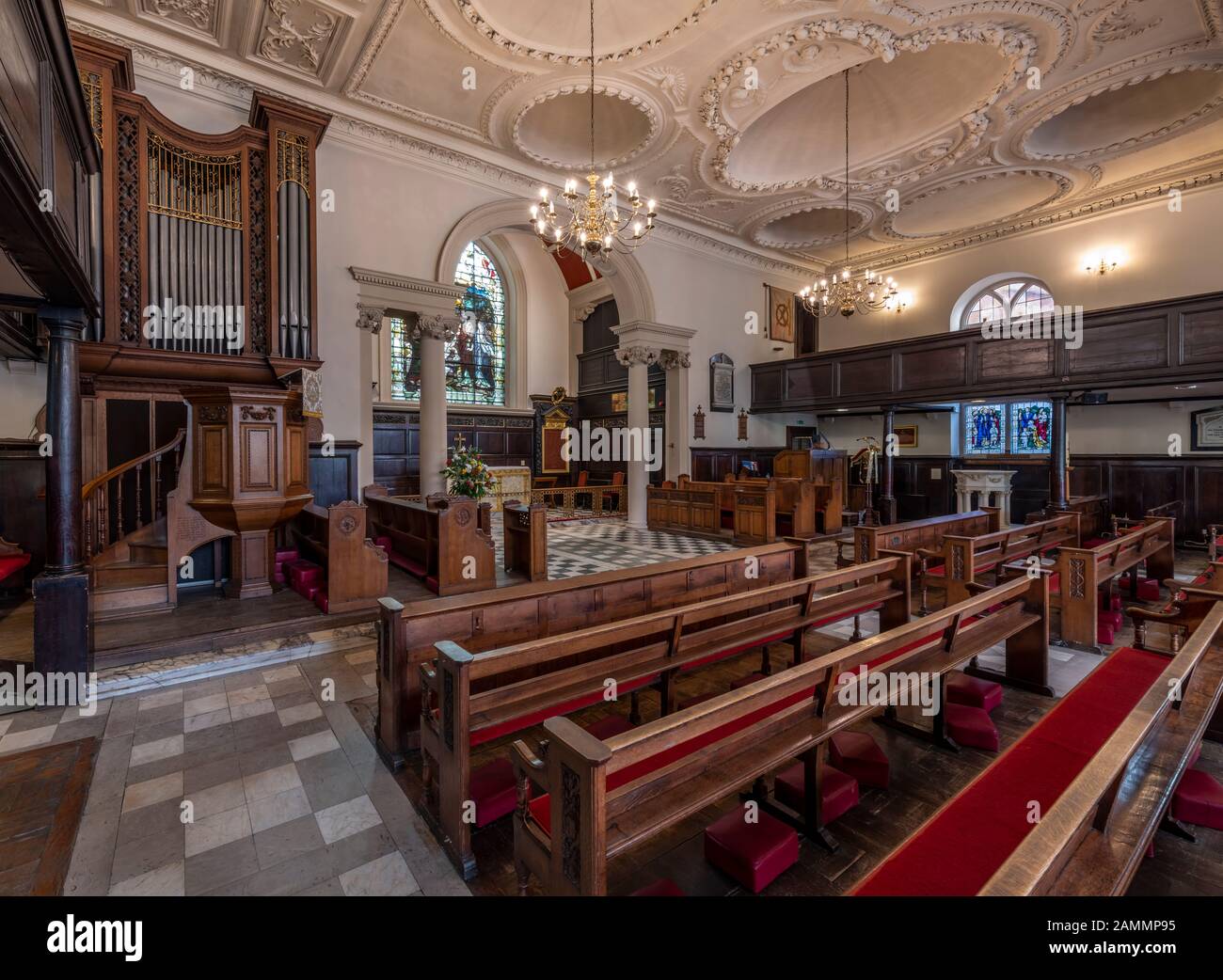 King Charles The Martyr Church, near to the Pantiles in Tunbridge Wells, Kent. Built in 1676, the oldest plaster ceiling is by John Weatherell. Stock Photo