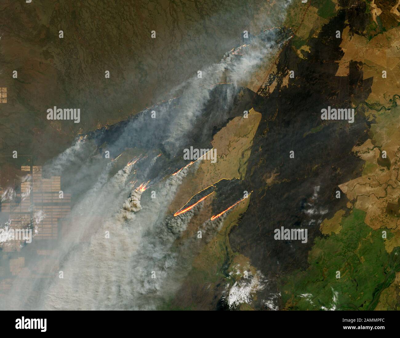 BOLIVIA - Aug 2019 - Satellite image shows active fires can be seen near the border of Bolivia, Paraguay and Brazil. (Note that this area is not in th Stock Photo