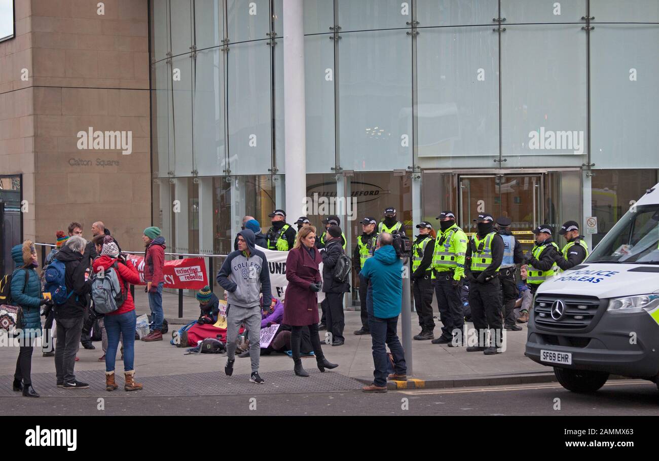 Extinction Rebellion Climate demonstration outside Baillie Gifford, Leith Street, Edinburgh, Scotland. 14 Jan 2020. Stock Photo